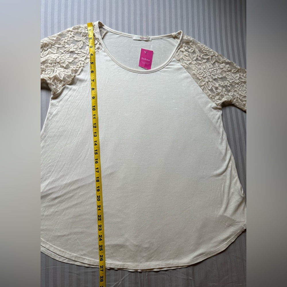 Böhme•lace shoulder crew neck top•size large•3/4 bell sleeve•rayon•ivory/cream - Picture 7 of 13